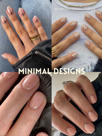 This collage highlights "Minimal Designs," featuring simple yet chic art like tiny dots, thin lines, and subtle metallic accents on a nude base.