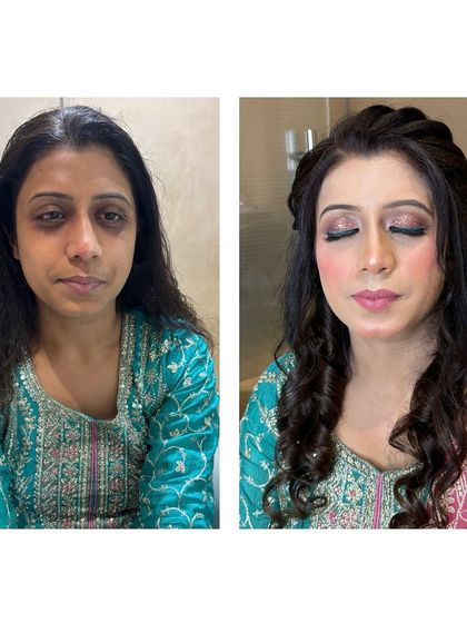 A simple before and after showing a soft party glam look. We focused on evening out the skin and adding a touch of color to the eyes and lips.
