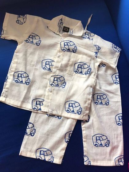 A throwback to one of my first block-printed designs. This quirky auto-rickshaw print was hand-printed by me at home when I first started.