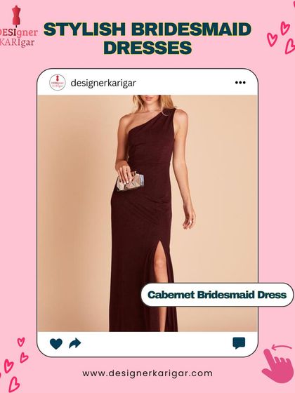 A glamorous option for an evening event, this one-shoulder cabernet bridesmaid dress has a subtle sparkle and a thigh-high slit for a touch of drama.