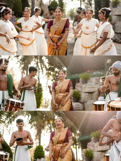 A collage capturing the vibrant energy of a traditional Kerala-style wedding procession, complete with Chenda Melam drummers and dancers.