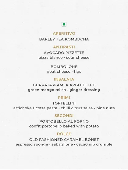 The vegetarian menu for 'An Italian Affair' by Chef Dhruv Oberoi, featuring dishes like Avocado Pizzette, Burrata & Amla, and Artichoke Tortellini.