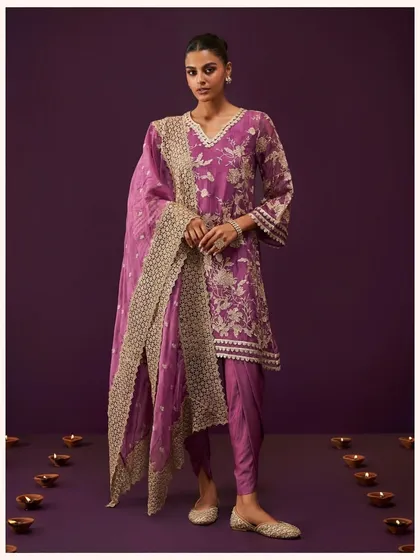 This grape organza kurta set is perfect for a Diwali party. The rich color and silver embroidery will make you shine. It's on sale for the next 48 hours.