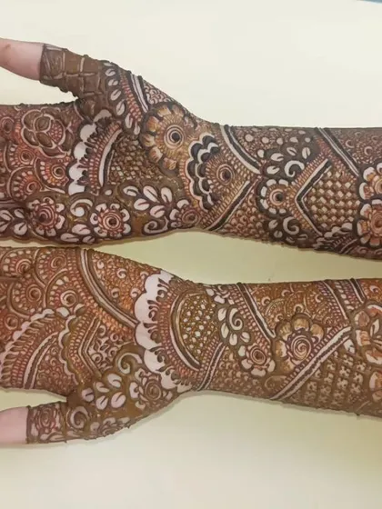 A lovely Indian floral design on the palms and forearms, showcasing delicate flowers and leaves.