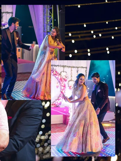 A collage capturing the fun and energy of the couple dancing at their Sangeet or reception party.