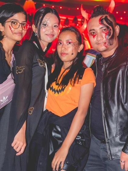 A group in amazing costumes at the Badmaash Halloween party.