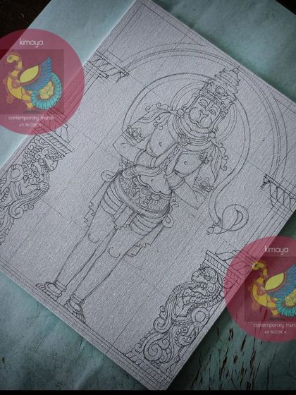 The initial pencil sketch of Sankatamochana Hanuman. You can see the grid lines I use to ensure the proportions are correct.