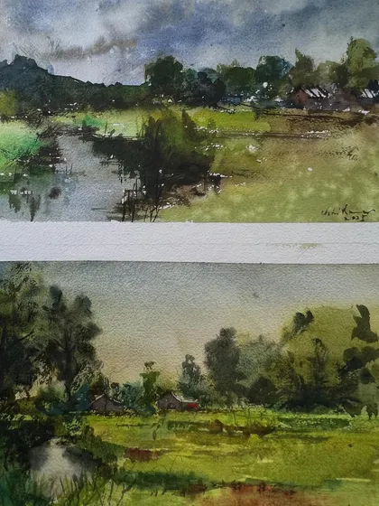 Two quick watercolor landscape sketches on paper. Landscape painting is not easy and requires a lot of practice, especially for someone like me who usually paints cityscapes.