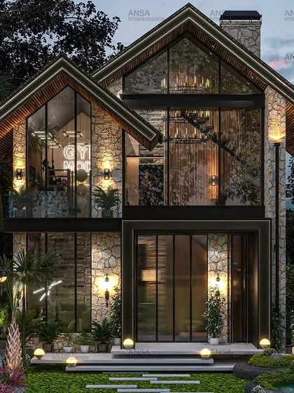 This farmhouse-inspired design combines rustic stone walls with large, modern glass panels and a gabled roof. It’s a perfect fusion of cozy, traditional charm and contemporary openness.