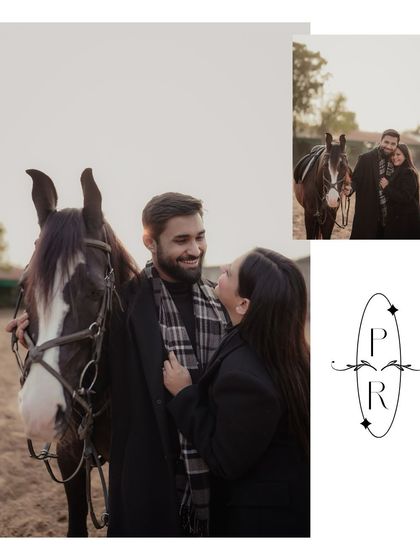 A collage from the horse-themed photoshoot, showing the couple interacting with the horse and each other. It captures their shared love for animals and their romantic connection.