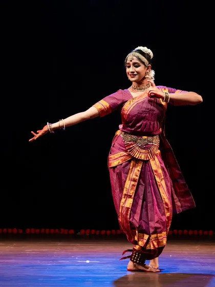 The stage is where hard work transforms into art. Here is a student performing a piece from "Sādhana Kēri," a Bharatanatyam Margam based on the beautiful poetry of Da. Ra. Bendre.
