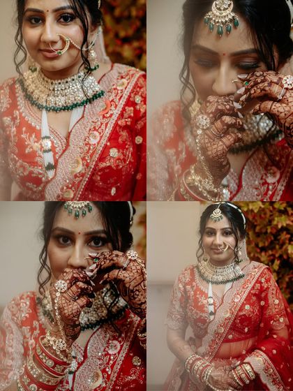 A collage of the bride's getting-ready moments. These portraits capture her expressions as she adjusts her nose ring, each frame filled with anticipation.