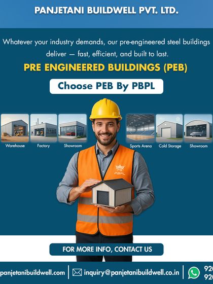 We build for any industry. This graphic displays the wide range of applications for our PEBs, including warehouses, factories, showrooms, sports arenas, and cold storage facilities.