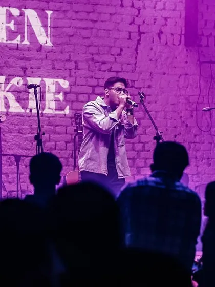 The view from the audience at our AntiSocial gig. The brick wall and purple lighting created such a cool, intimate club vibe for our full band show.