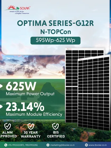 Our OPTIMA SERIES-G12R N-TOPCon module represents the next level in solar performance. It delivers up to 625W of power with a maximum module efficiency of 23.14%, backed by ALMM and BIS certifications and a 30-year warranty for long-term project bankability.