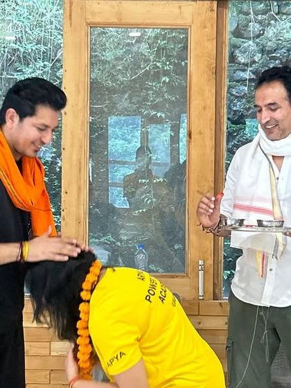 A student seeks blessings from the teachers, a beautiful tradition that marks the culmination of the guru-shishya relationship in the course.