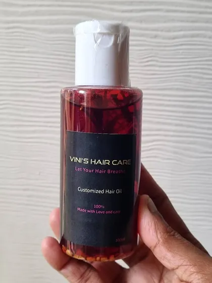 This is my customized herbal hair oil, made fresh for you. Each bottle is packed with traditional ingredients chosen specifically for your hair concerns, like hair fall or dryness.