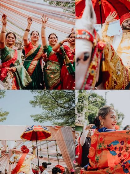 A collage from a vibrant Maharashtrian wedding, showing the groom's baraat and the ladies of the family dancing with joy.
