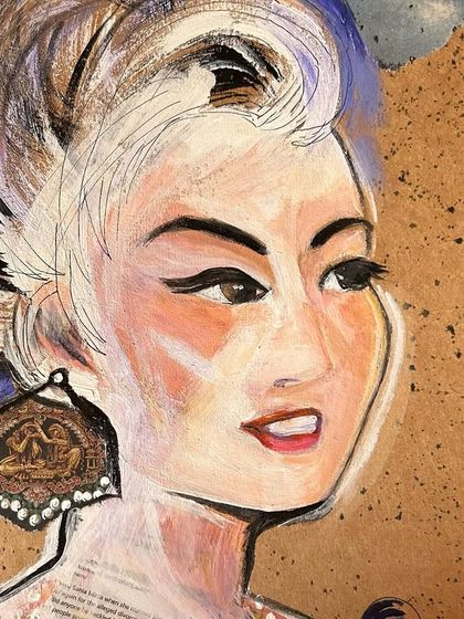 A mixed-media portrait of a "pretty woman" on brown paper. The collage element in the earring adds a touch of intricate detail to the expressive, painterly style of the face.