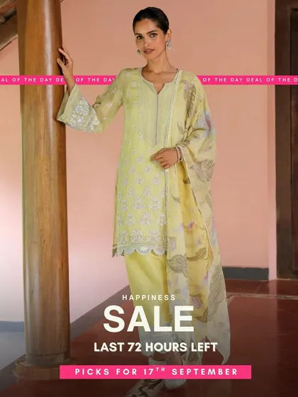 A beautiful yellow Anarkali-style kurta set. The flowy silhouette and delicate print make it a graceful and comfortable choice for any occasion.
