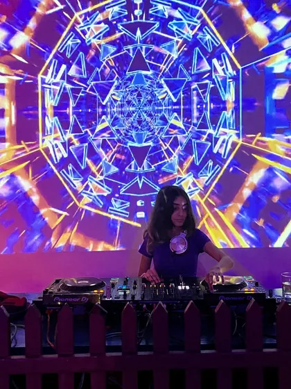Performing in front of a huge psychedelic visual display in Dehradun. The right lighting and visuals are a huge part of the experience, and I love when a venue's production helps take my set to the next level.