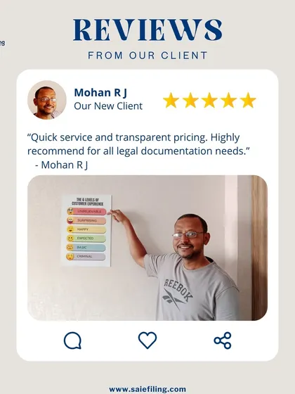"Quick service and transparent pricing. Highly recommend for all legal documentation needs." Mohan R J's feedback on our speed and transparency is greatly appreciated. We are committed to providing reliable and clear legal documentation services.
