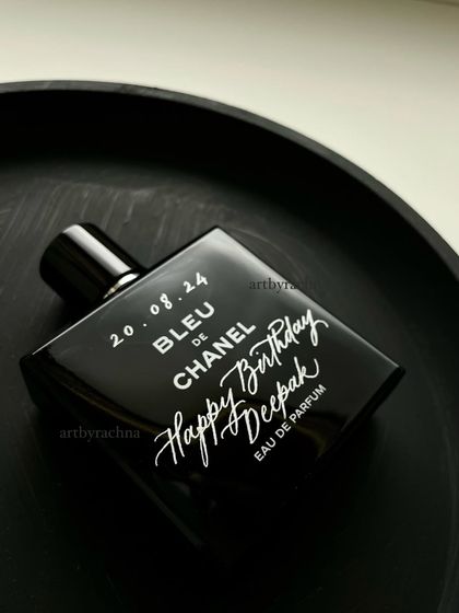 A classic Bleu de Chanel bottle, personalized for a birthday. It takes a beautiful soul to give a thoughtful gift, and it takes my magic touch to elevate it.