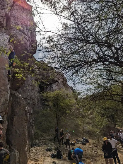 A wide shot showing the scale of the climbing area at Dhauj. Our community loves coming together for festivals like this to share our passion for climbing.