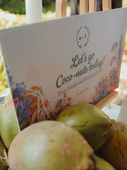 "Let's go Coco-nuts!" A refreshing welcome drink station with fresh coconuts to keep guests cool at the Goan Mehendi.