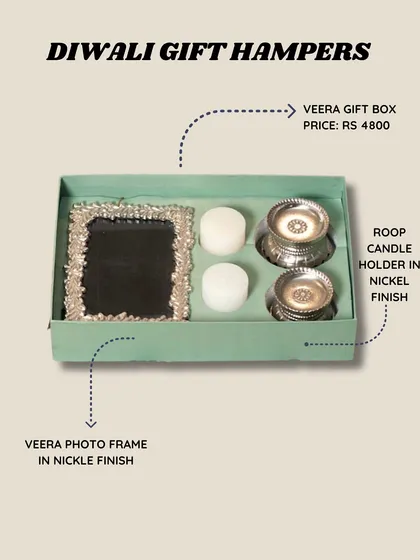 My Veera gift box is designed with a nickel finish, featuring a decorative photo frame and matching candle holders. This set is perfect for adding a touch of silver elegance to any home.
