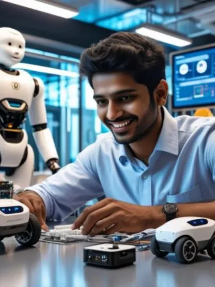 We spark genuine excitement and innovation within your team. An employee engages with a mobile robot, learning the fundamentals of automation and AI in a hands-on environment.
