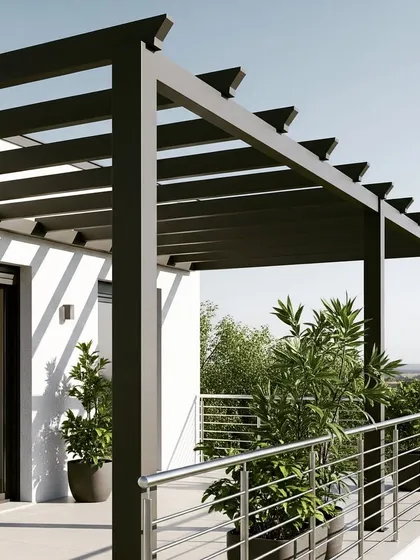 A sleek, modern metal pergola extending from the house over a balcony. This minimalist design provides shade without obstructing the view, making it ideal for upper-floor spaces.