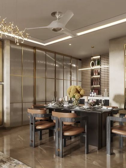 This dining area includes an integrated bar, rendered with attention to the textured wall, leather-upholstered chairs, and ambient lighting. It shows how we visualize multi-functional social spaces.