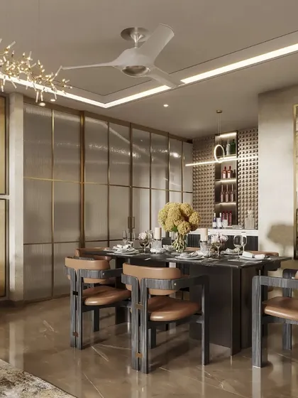 This dining area includes an integrated bar, rendered with attention to the textured wall, leather-upholstered chairs, and ambient lighting. It shows how we visualize multi-functional social spaces.