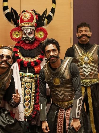 Another powerful pose from our male performers, showcasing their strong characters and elaborate costumes.