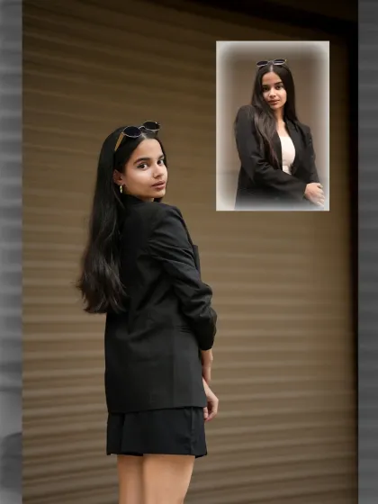 A collage showing the 'boss mode' look, with a confident over-the-shoulder pose and a classic portrait inset.