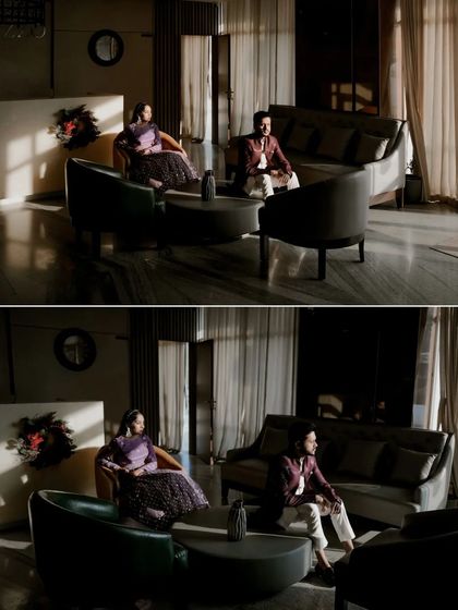 A diptych of the couple seated in a dramatically lit room, creating a moody and artistic portrait.
