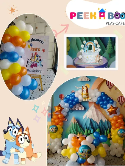 A "Bluey" themed birthday party, featuring a custom welcome sign, a colorful balloon arch, and a beautifully decorated cake.