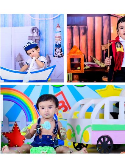 A collage showcasing three different creative themes: a sailor, a Harry Potter wizard, and a Cocomelon-inspired cake smash.