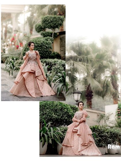 A diptych focusing on the bride's magnificent gown against a backdrop of misty palm trees and greenery. The soft, diffused light adds a dreamy and romantic quality to the portraits.