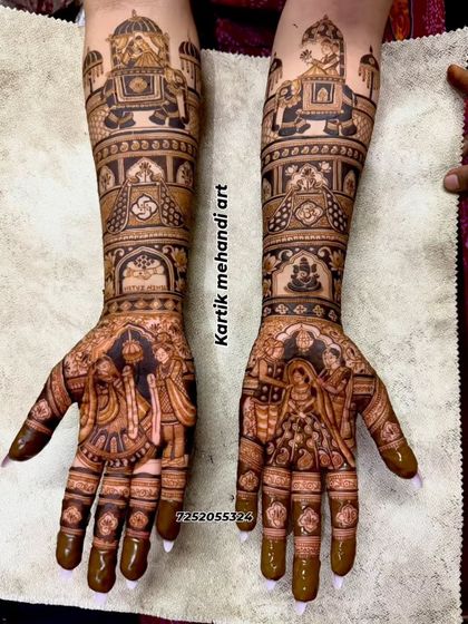 A classic bridal mehandi with portraits of the bride and groom. The design also includes a baraat scene and a depiction of Lord Ganesha for blessings.