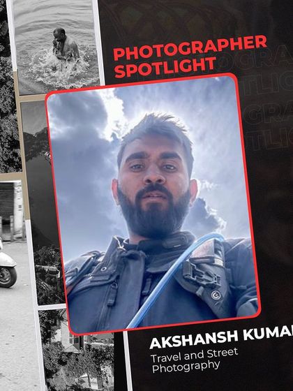 A graphic from a "Photographer Spotlight" feature about my work. It includes a selfie and a collage of some of my travel and street photography.