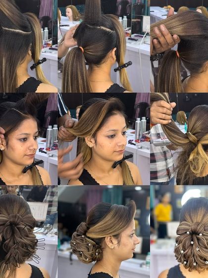 A collage of a beautiful messy bun created on a real client. This shows how the techniques learned on mannequins translate to stunning real-world results.