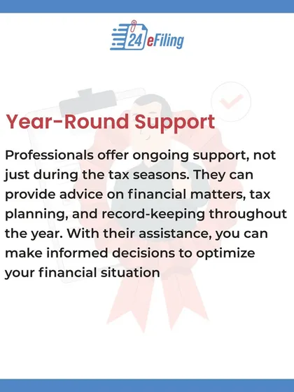 My support doesn't end when the tax season is over. I provide year-round advice on financial matters, tax planning, and record-keeping to help you make informed decisions.