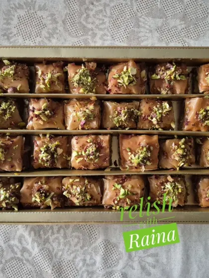 A close-up of the Baklava in its golden box. I always suggest clients consume it quickly, especially during rainy seasons, to enjoy its crispiness.