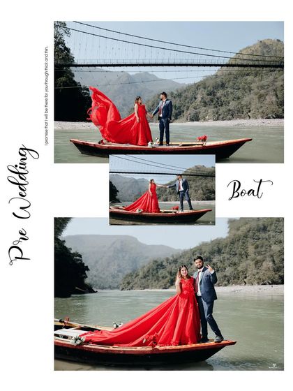 An album page layout featuring a couple's shoot in a traditional boat on the Ganga, with the iconic Laxman Jhula bridge in the background.