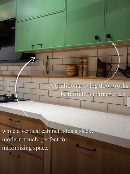 This image illustrates how to mix different cabinet styles effectively. A traditional swing door is used in a larger area, while a vertical lift-up cabinet provides a sleek, space-saving solution, all unified by a consistent color palette.