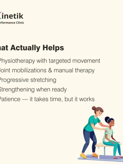 What actually helps a frozen shoulder? A structured physiotherapy plan is essential. This includes joint mobilizations, manual therapy, progressive stretching, and strengthening when the joint is ready. Patience is key; it takes time, but it works.