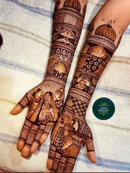 An intricate bridal mehandi that tells a story, with scenes of the bride in a doli and the couple together, all framed by beautiful architectural elements.