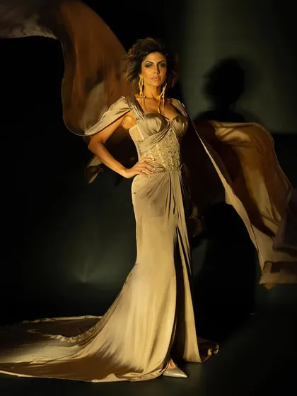 A dramatic, full-length portrait of Mandira Bedi for an iDiva magazine feature. I used high-contrast lighting and flowing fabric to create a goddess-like, powerful silhouette.
